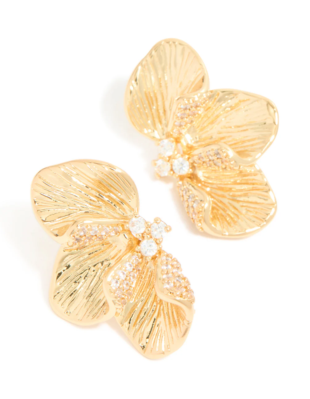 Gold Plated Cubic Zirconia Half Flower Stud Earrings - Image 2