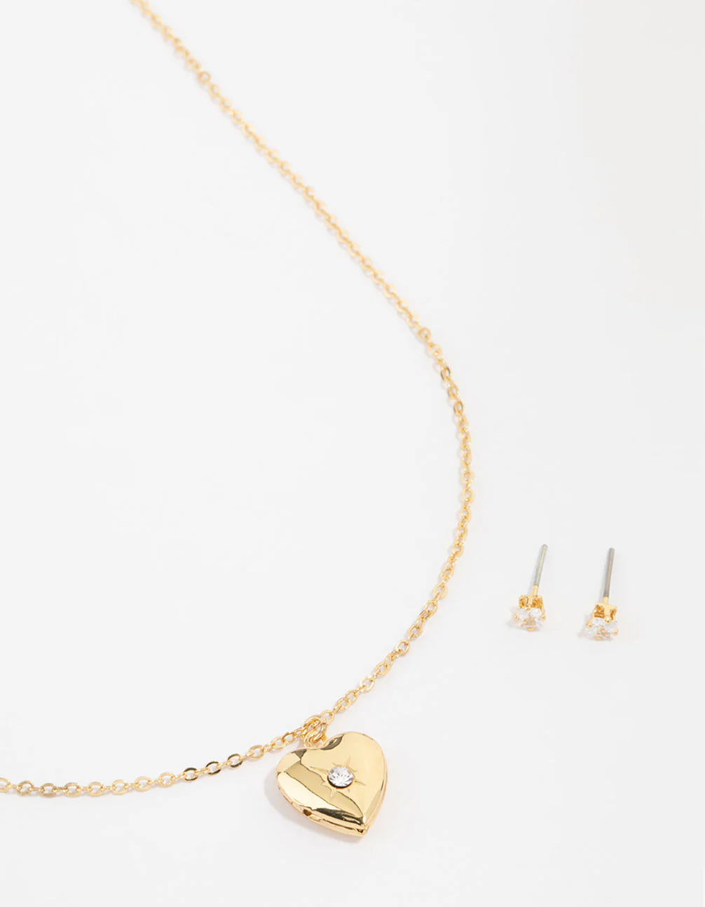 Gold Plated Cubic Zirconia Heart Locket Necklace & Stud Earrings Set