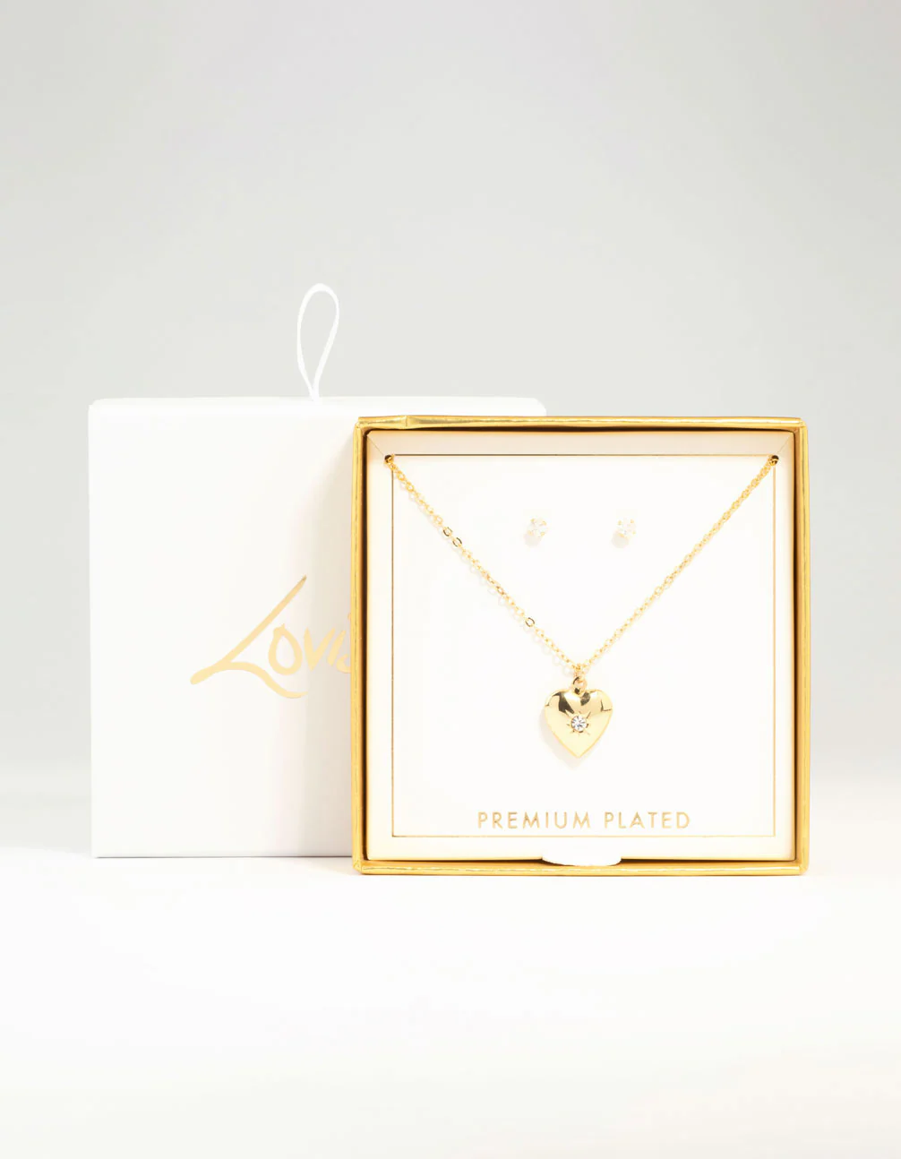 Gold Plated Cubic Zirconia Heart Locket Necklace & Stud Earrings Set - Image 3