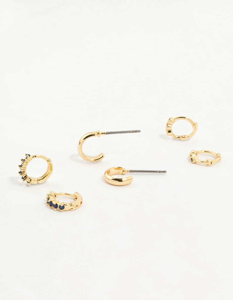 Gold Plated Cubic Zirconia Huggie Earrings 3-Pack