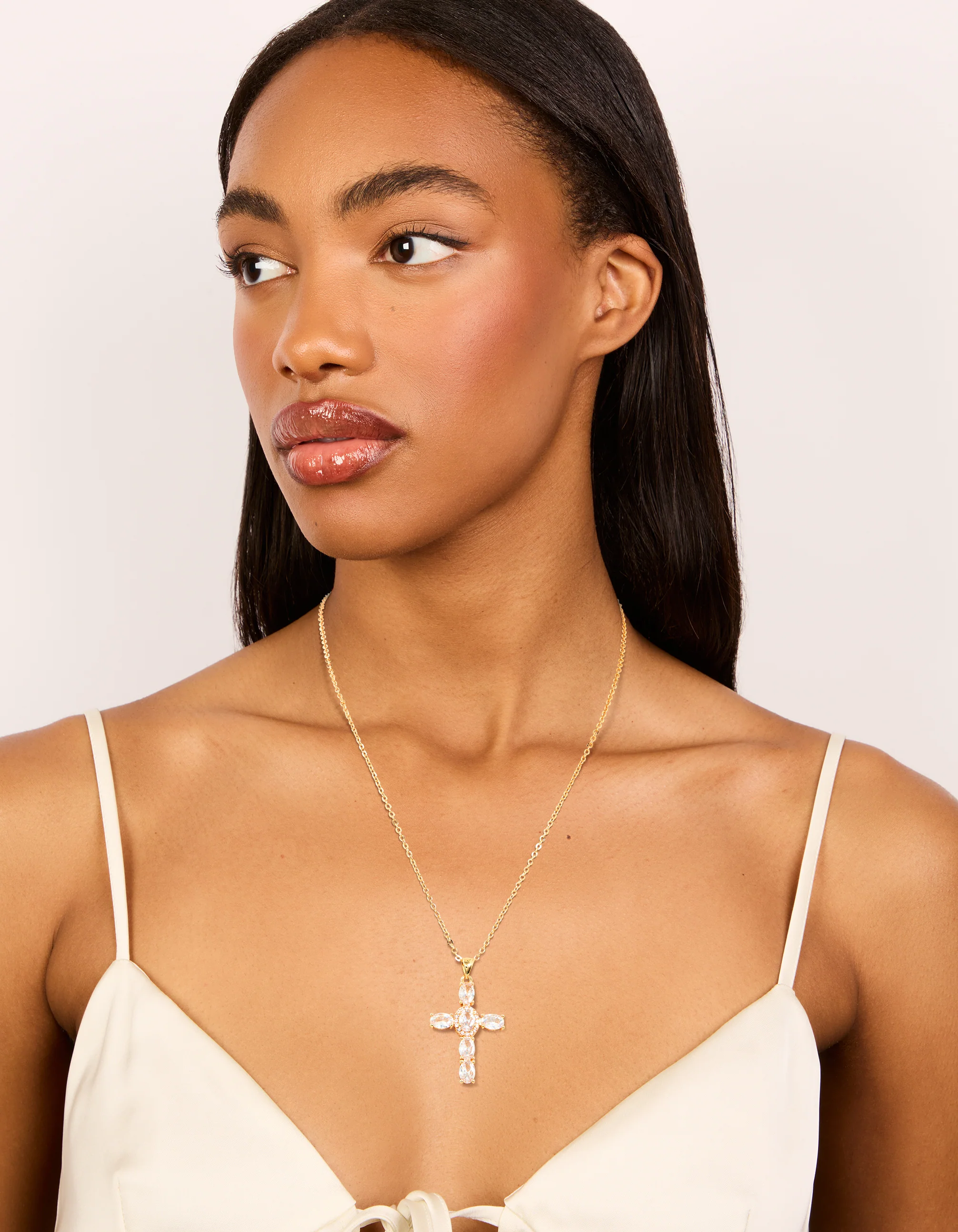 Gold Plated Cubic Zirconia Large Oval Cross Necklace - Image 3