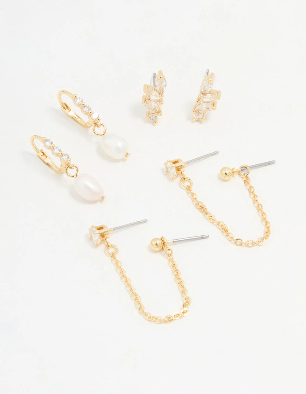 Gold Plated Cubic Zirconia Marquise Freshwater Pearl Earrings 3-Pack
