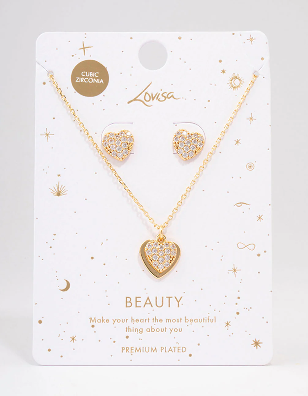 Gold Plated Cubic Zirconia Pave Heart Necklace & Earring Jewellery Set - Image 2