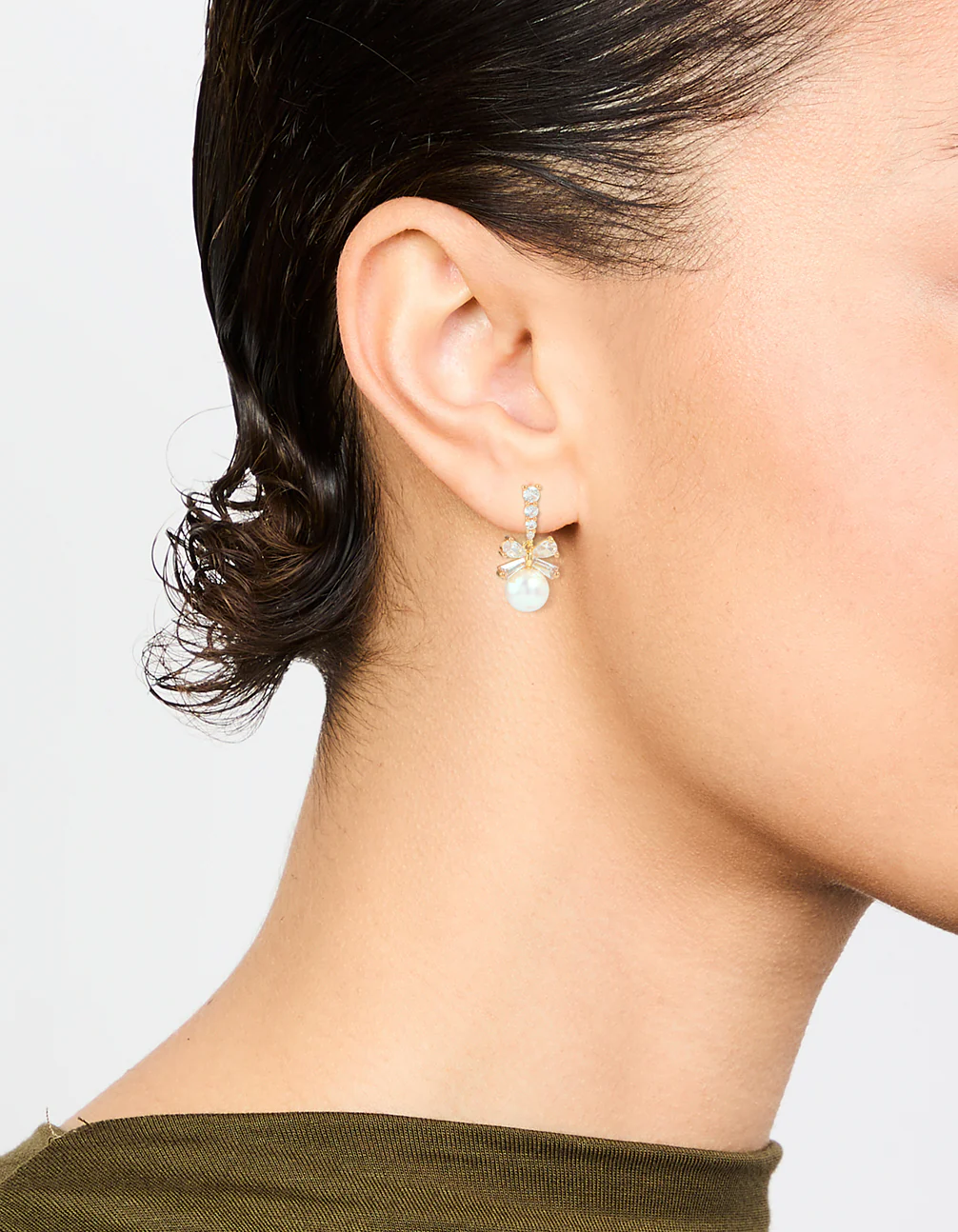 Gold Plated Cubic Zirconia & Pearl Bow Drop Earrings - Image 2