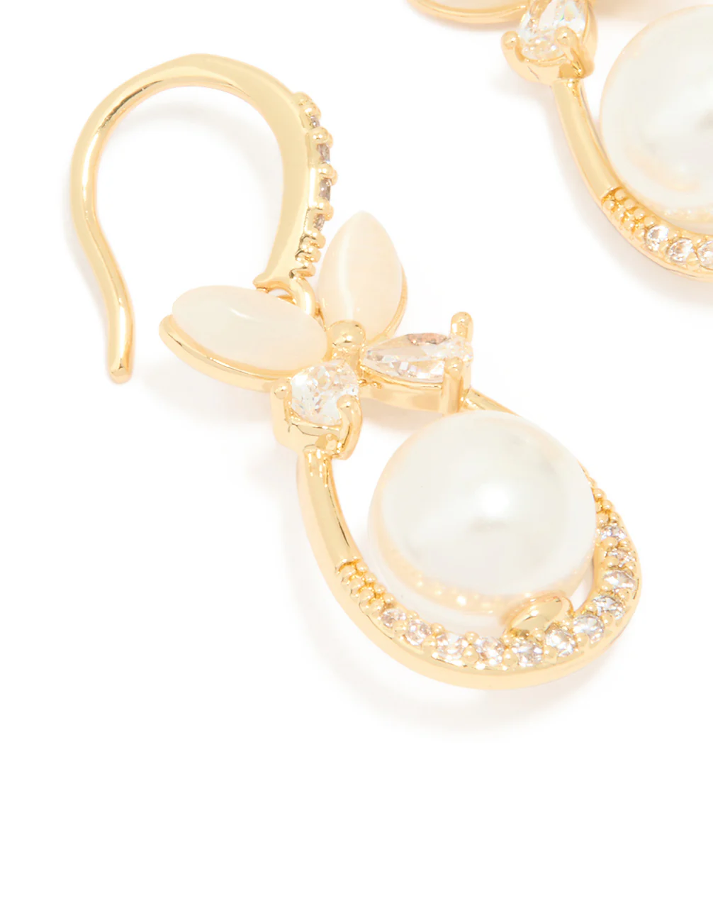Gold Plated Cubic Zirconia Pearl Butterfly Oval Hook Earrings - Image 2