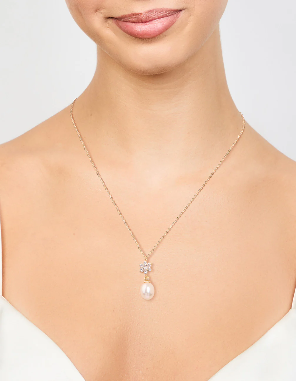 Gold Plated Cubic Zirconia & Pearl Flower Necklace - Image 2