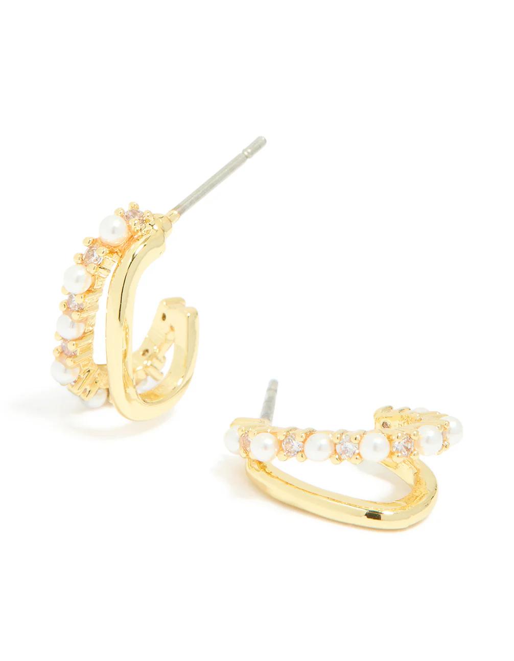 Gold Plated Cubic Zirconia Pearl Inlay Double Layered Open Hoop Earrings - Image 2