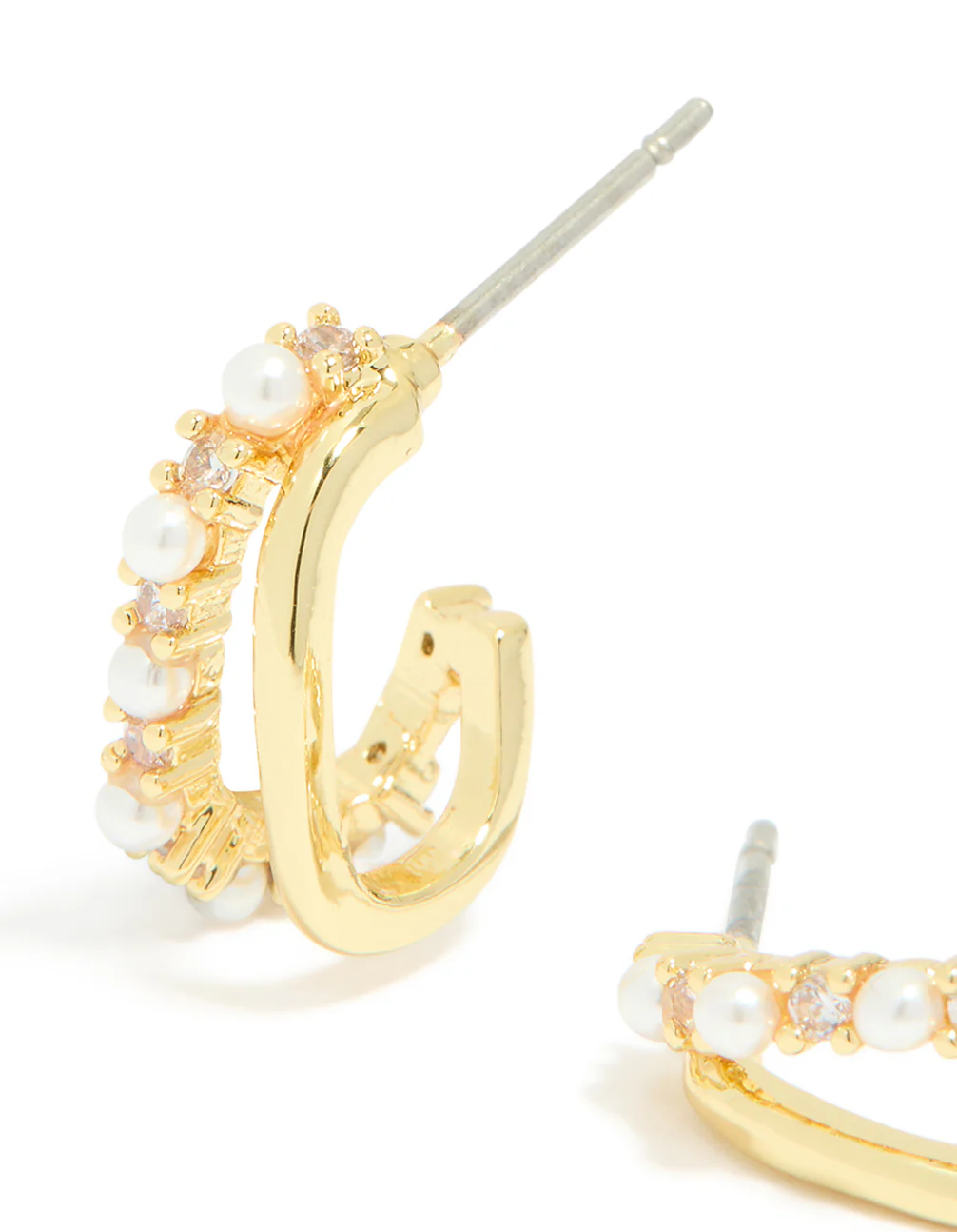 Gold Plated Cubic Zirconia Pearl Inlay Double Layered Open Hoop Earrings - Image 4