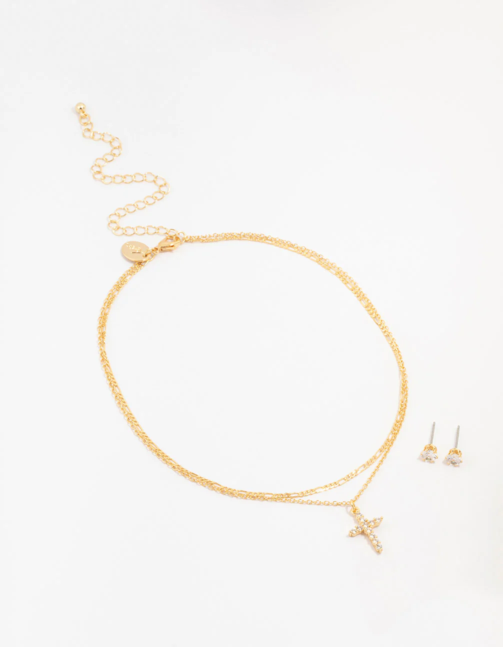 Gold Plated Cubic Zirconia Stud & Cross Necklace Set - Image 2