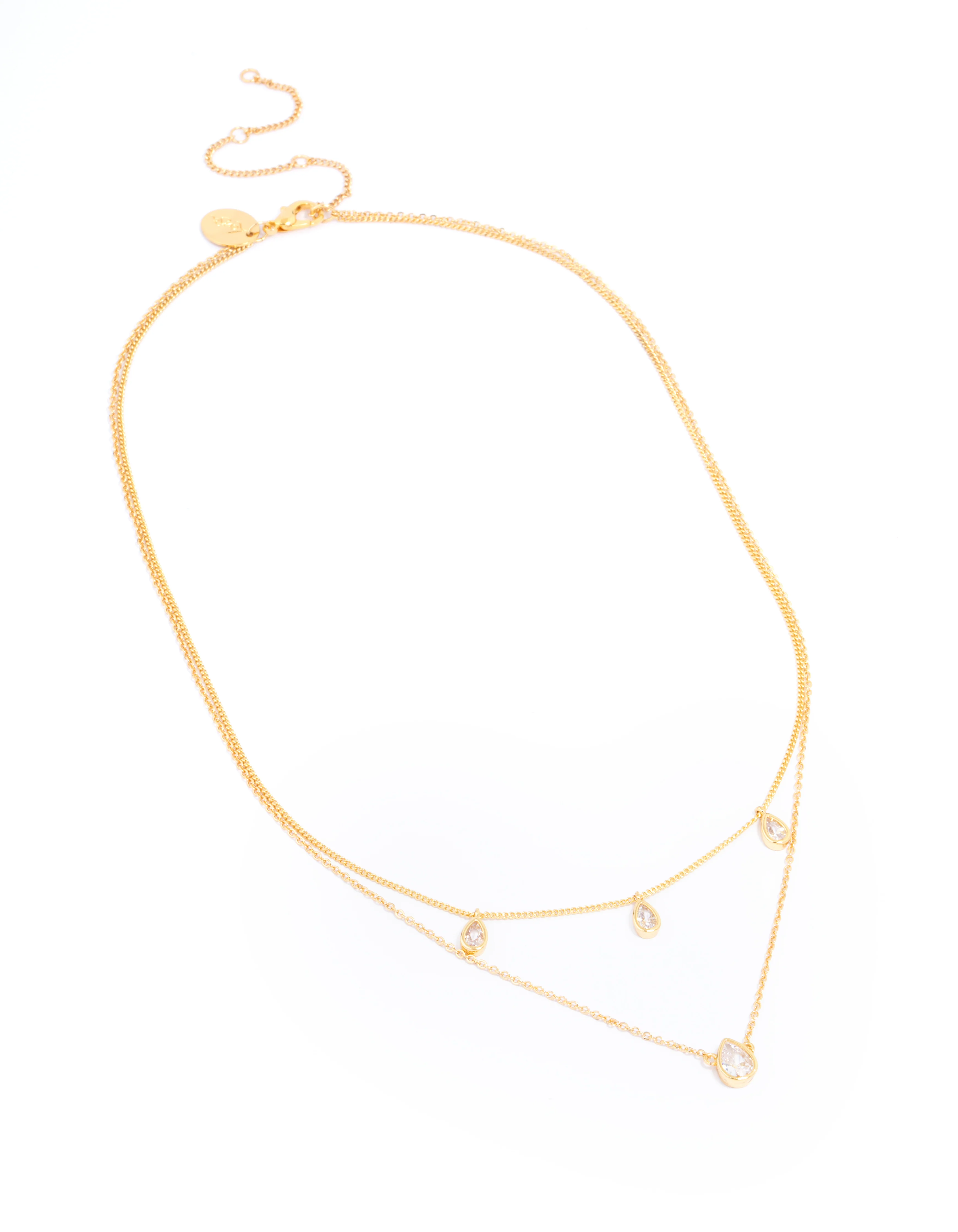 Gold Plated Brass Cubic Zirconia Teardrop Layered Necklace - Image 2