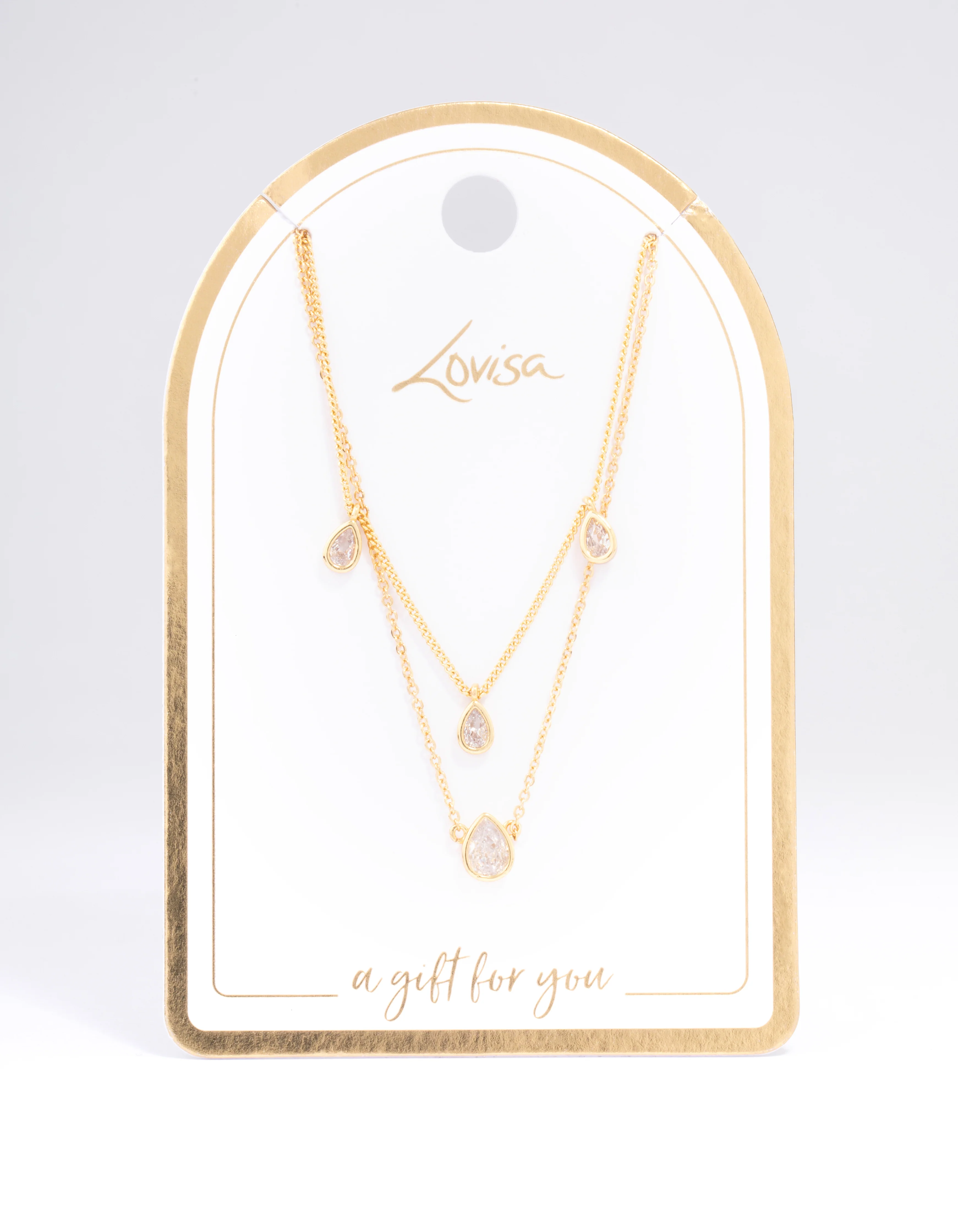 Gold Plated Brass Cubic Zirconia Teardrop Layered Necklace - Image 3