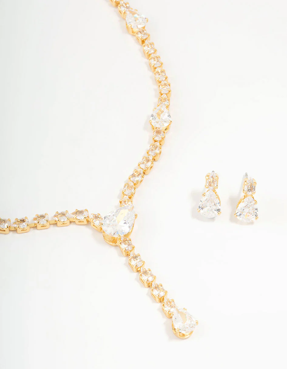 Gold Plated Cubic Zirconia Teardrop Necklace & Earrings Set