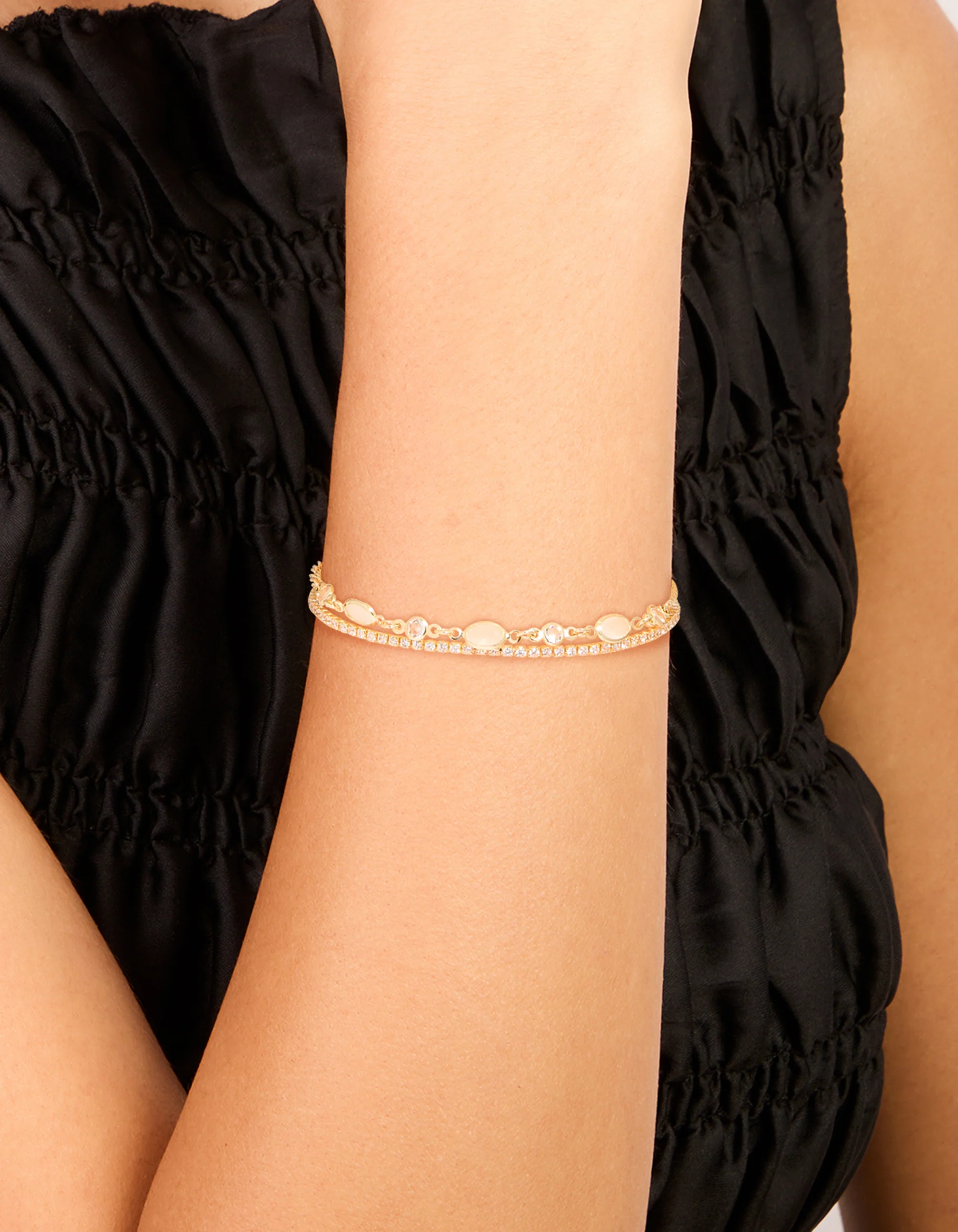 Gold Plated Cubic Zirconia Tennis & Oval Bracelets 2-Pack