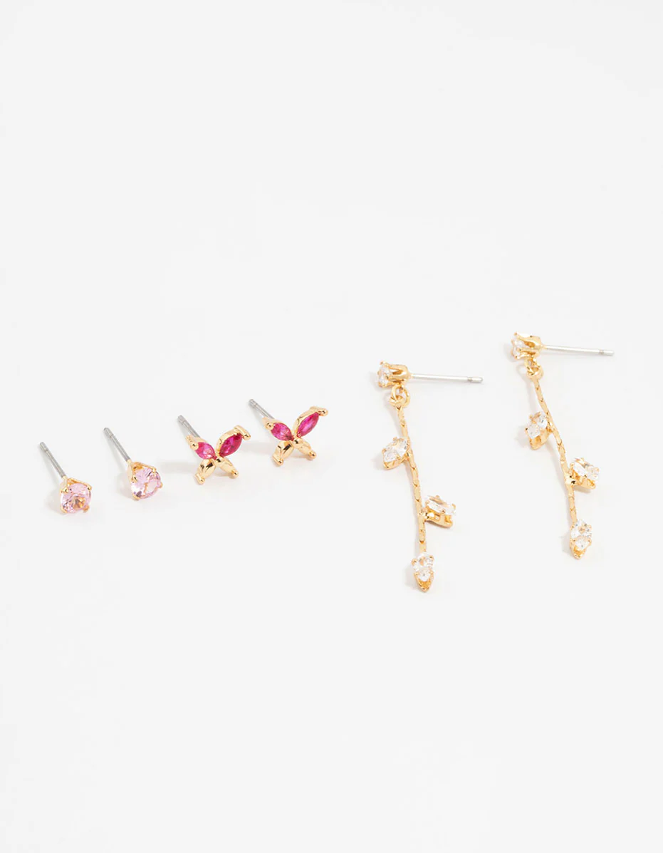 Gold Plated Cubic Zirconia Vine & Butterfly Earrings 3-Pack
