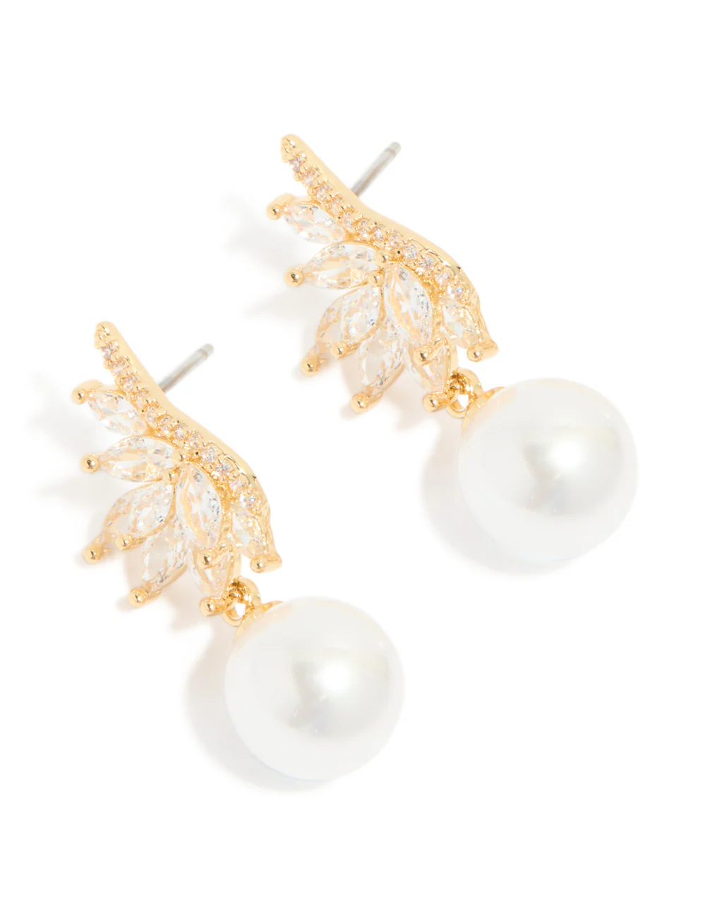 Gold Plated Cubic Zirconia Vine Fan & Pearl Drop Earrings - Image 2