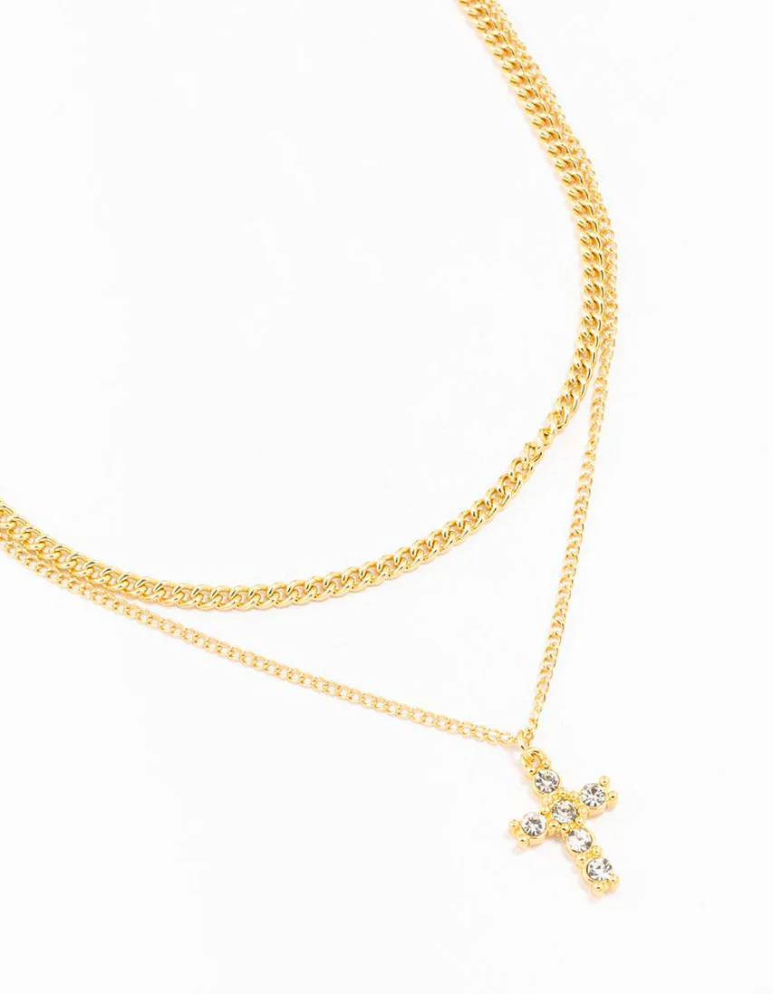 Gold Plated Diamante Cross Layered Cross Pendant Necklace