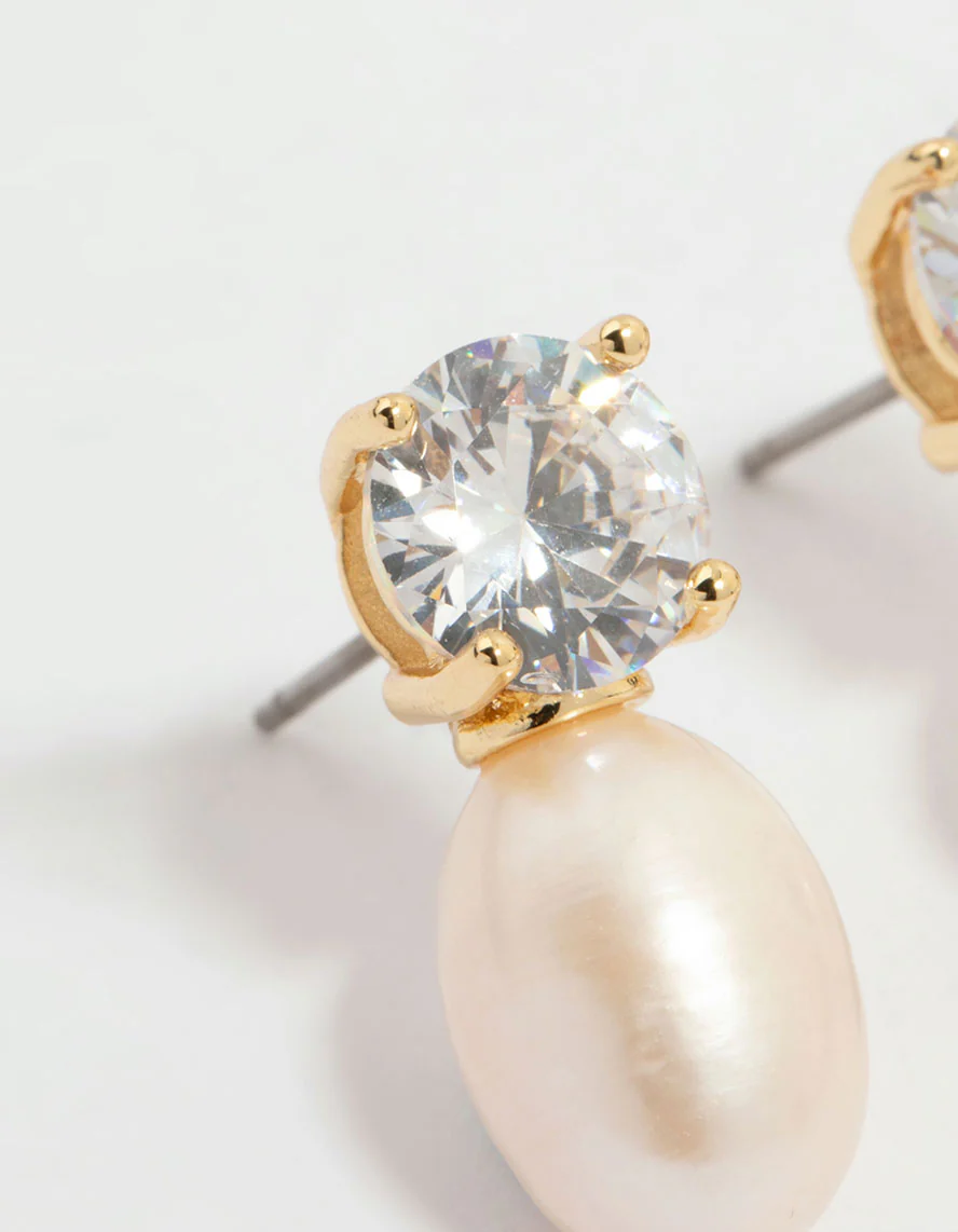 Gold Plated Diamante Freshwater Pearl Drop Earrings - Image 4