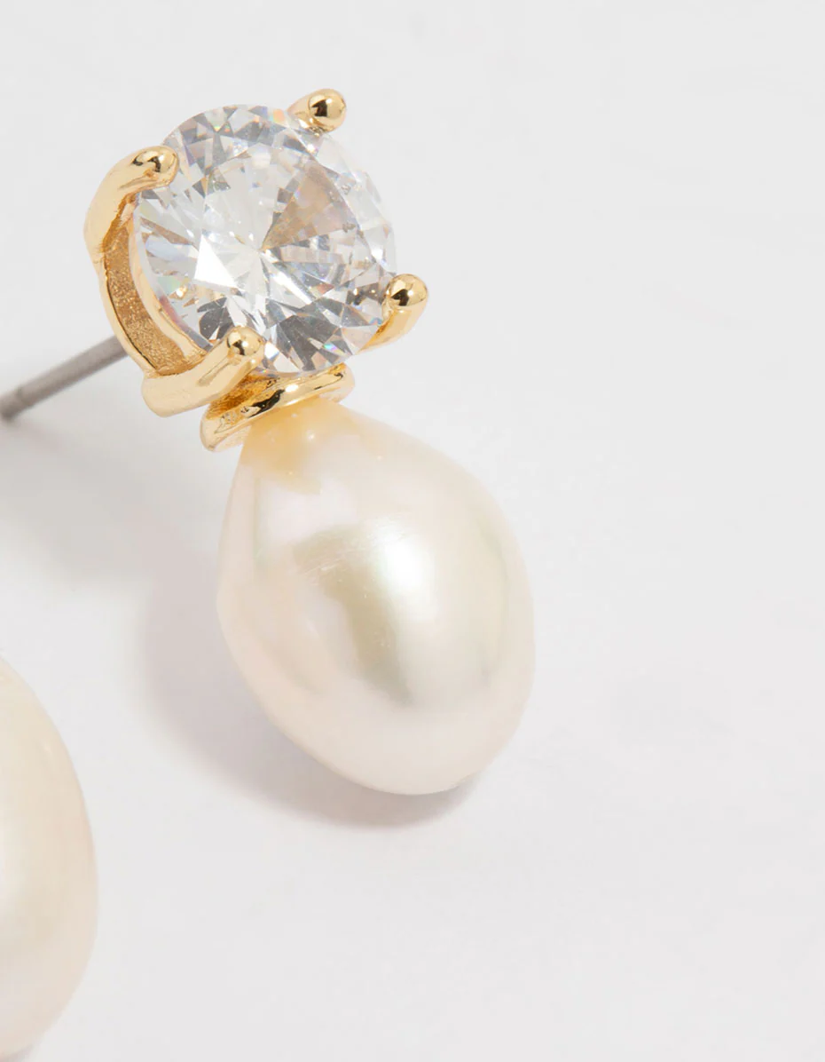 Gold Plated Diamante Freshwater Pearl Drop Earrings - Image 5