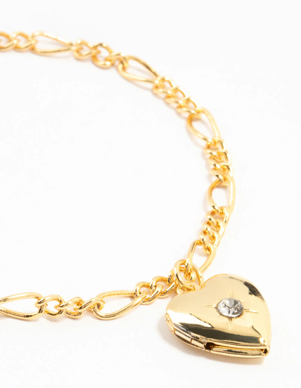 Gold Plated Diamante Heart Locket Figaro Bracelet - Image 2