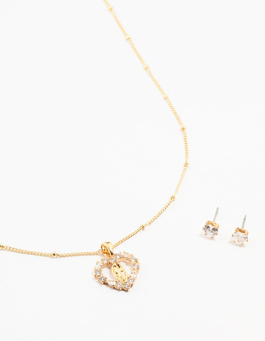 Gold Plated Diamante Heart Mary Necklace & Stud Earrings Set