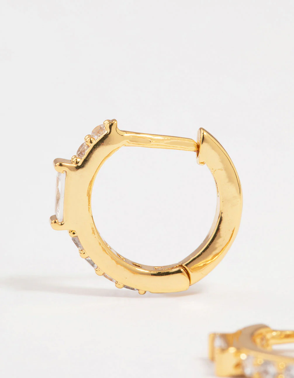 Gold Plated Diamante Mini Baguette Pave Huggie Earrings - Image 2