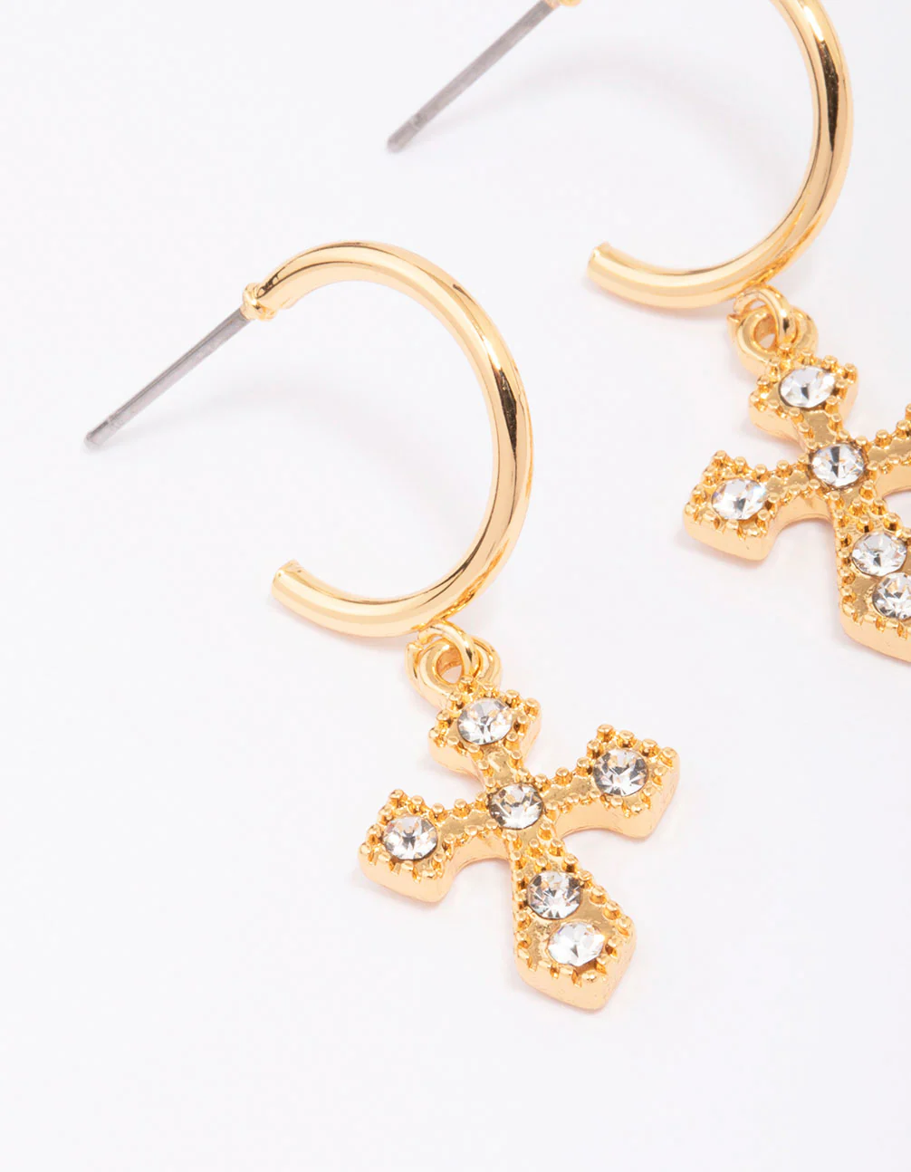 Gold Plated Diamante Ornate Cross Drop Earrings - Image 2