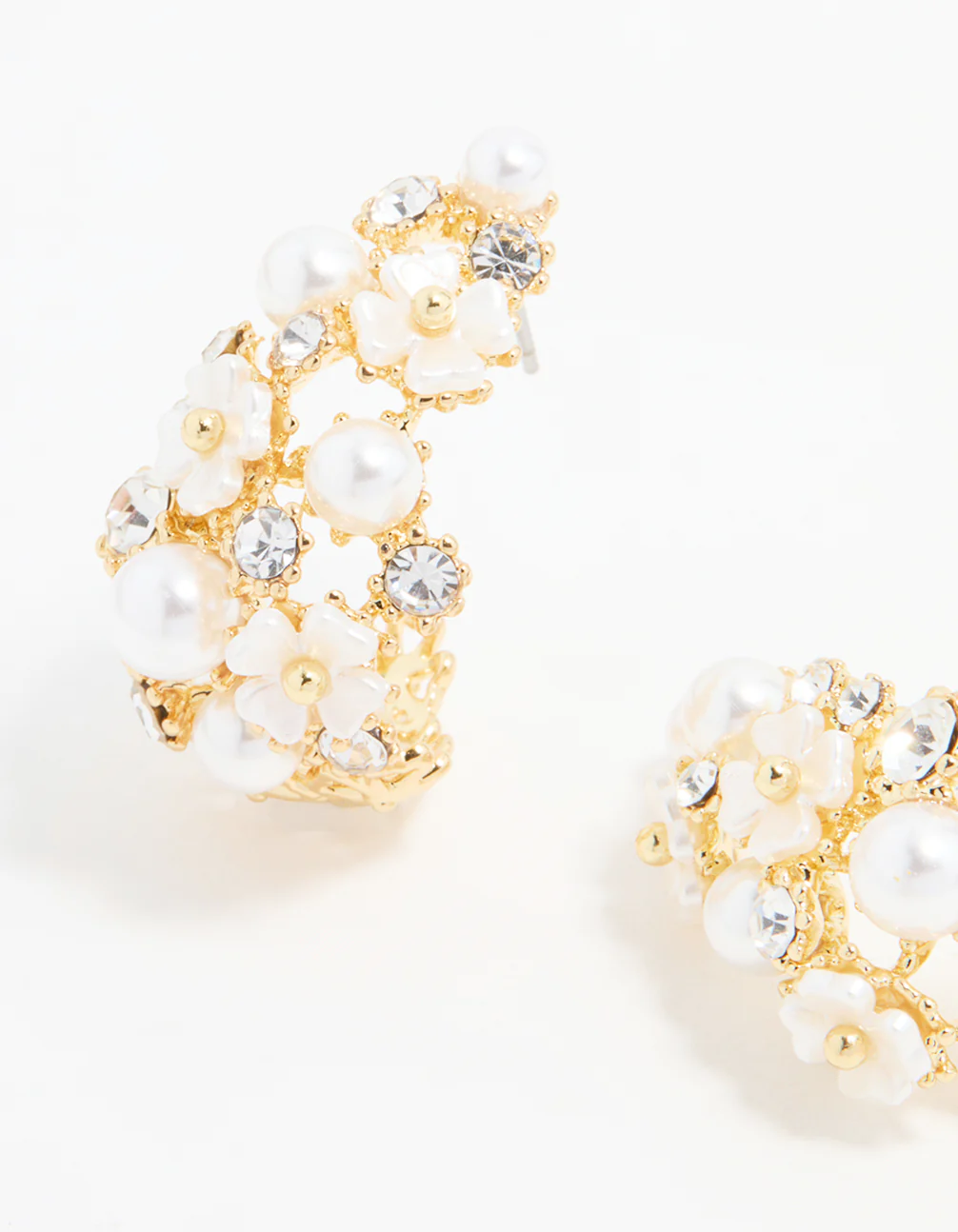 Gold Plated Diamante & Pearl Flower Hoop Earrings - Image 4