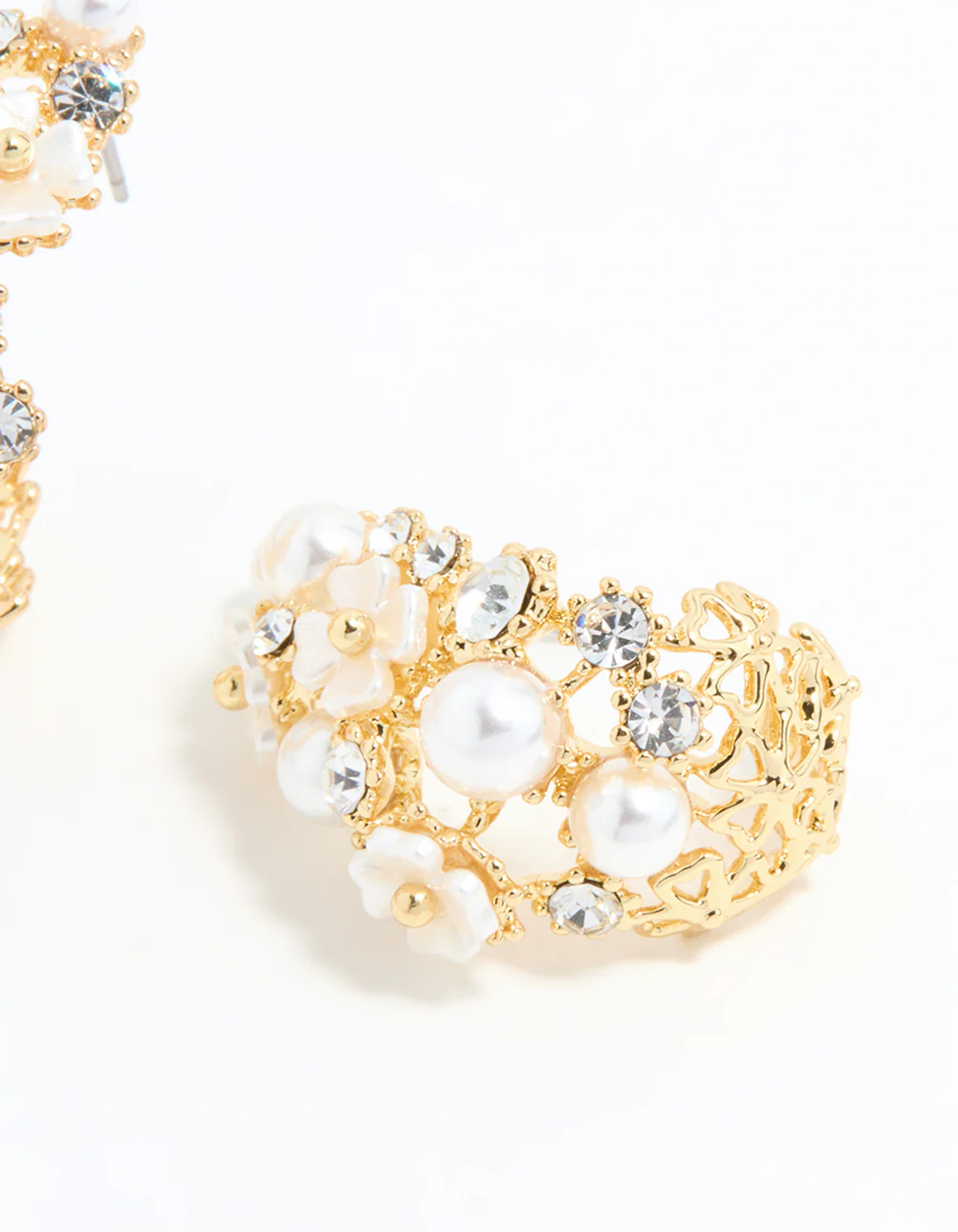 Gold Plated Diamante & Pearl Flower Hoop Earrings - Image 5