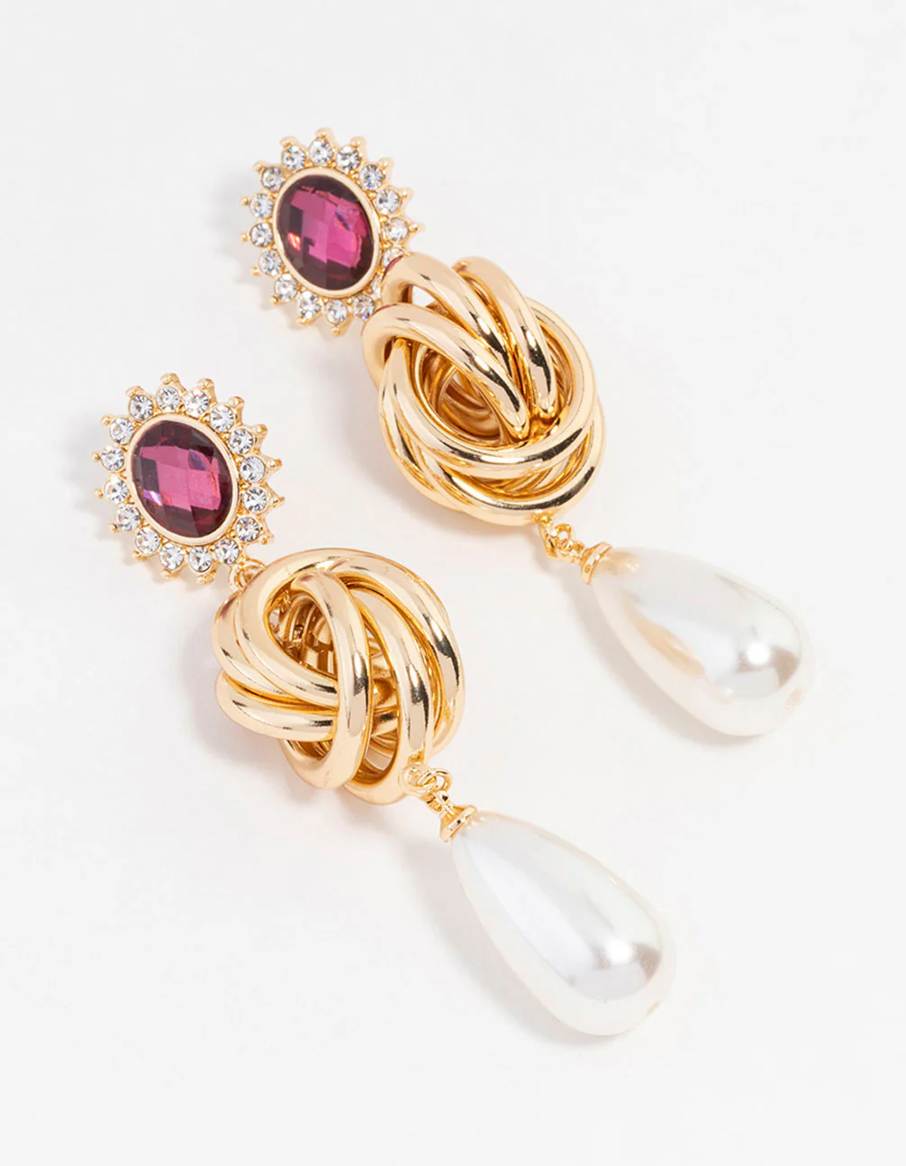 Gold Plated Diamantes & Pearls Opulent Knot Drop Earrings