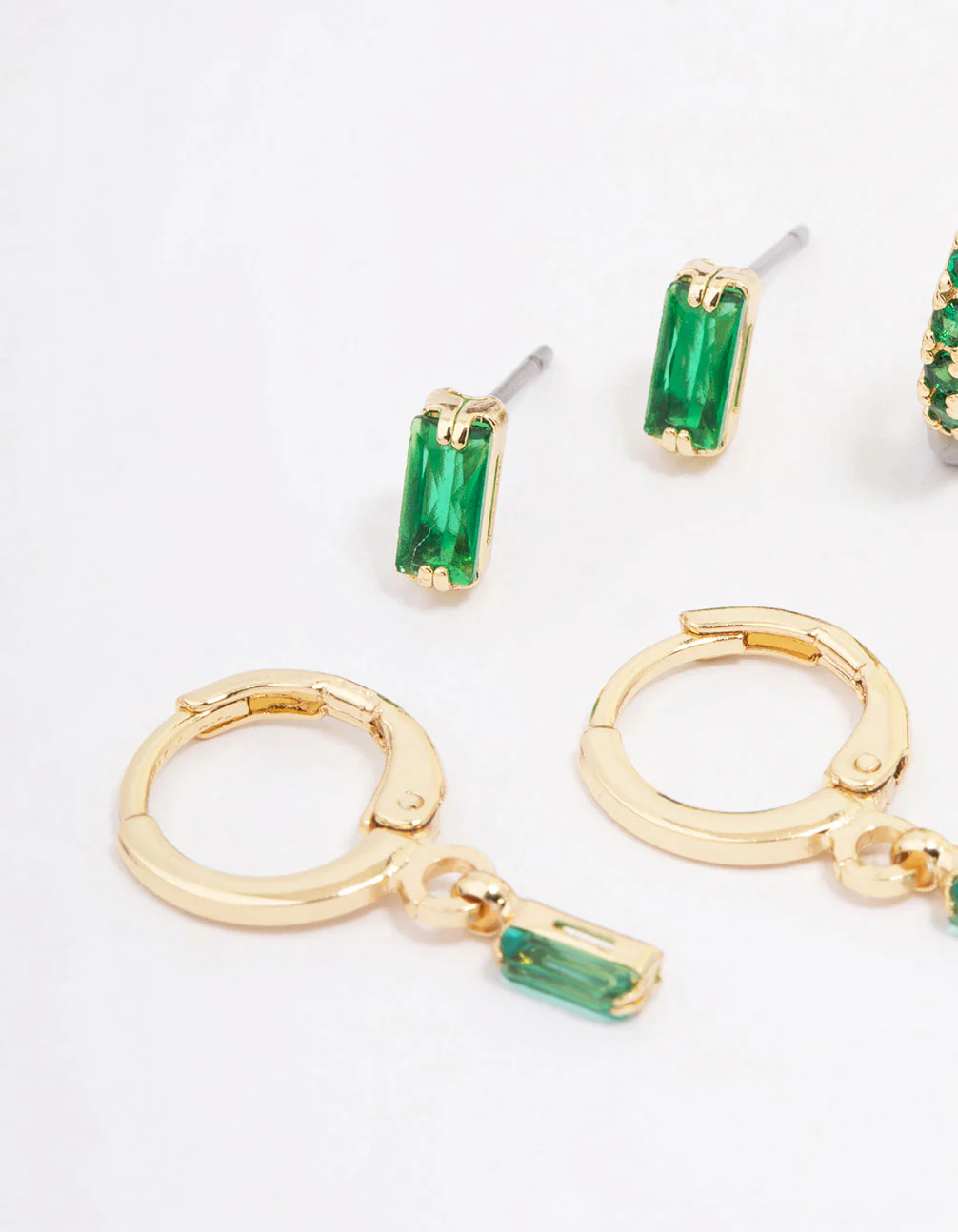 Gold Plated Baguette Emerald Stud & Hoop Earring 3-Pack - Image 2