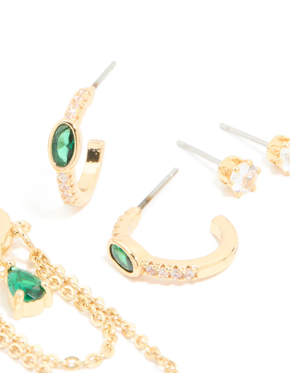 Gold Plated Emerald & Cubic Zirconia Cupchain Earrings 4-Pack - Image 3