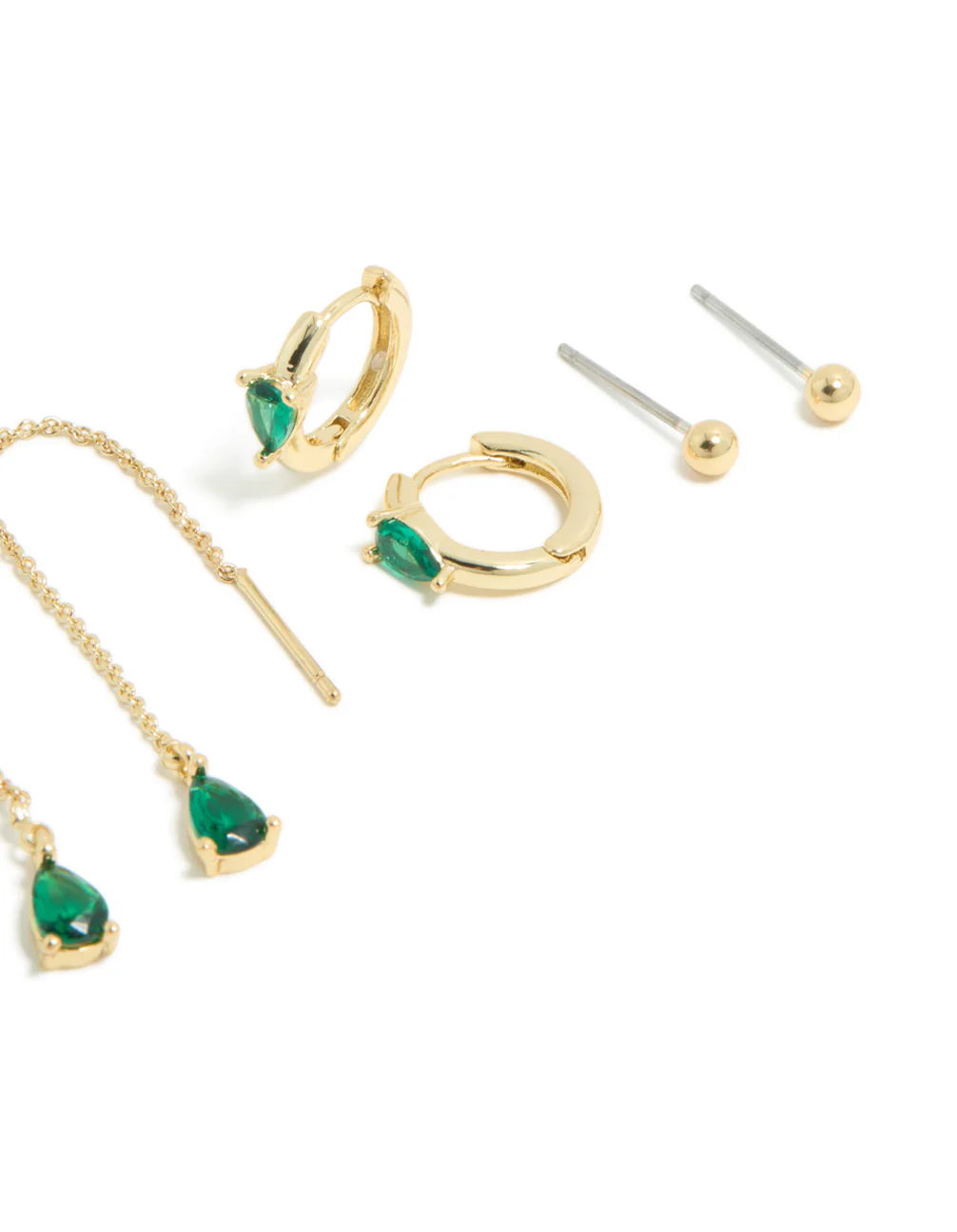 Gold Plated Emerald Cubic Zirconia Thread Through & Huggie Earrings 4-Pack - Image 3
