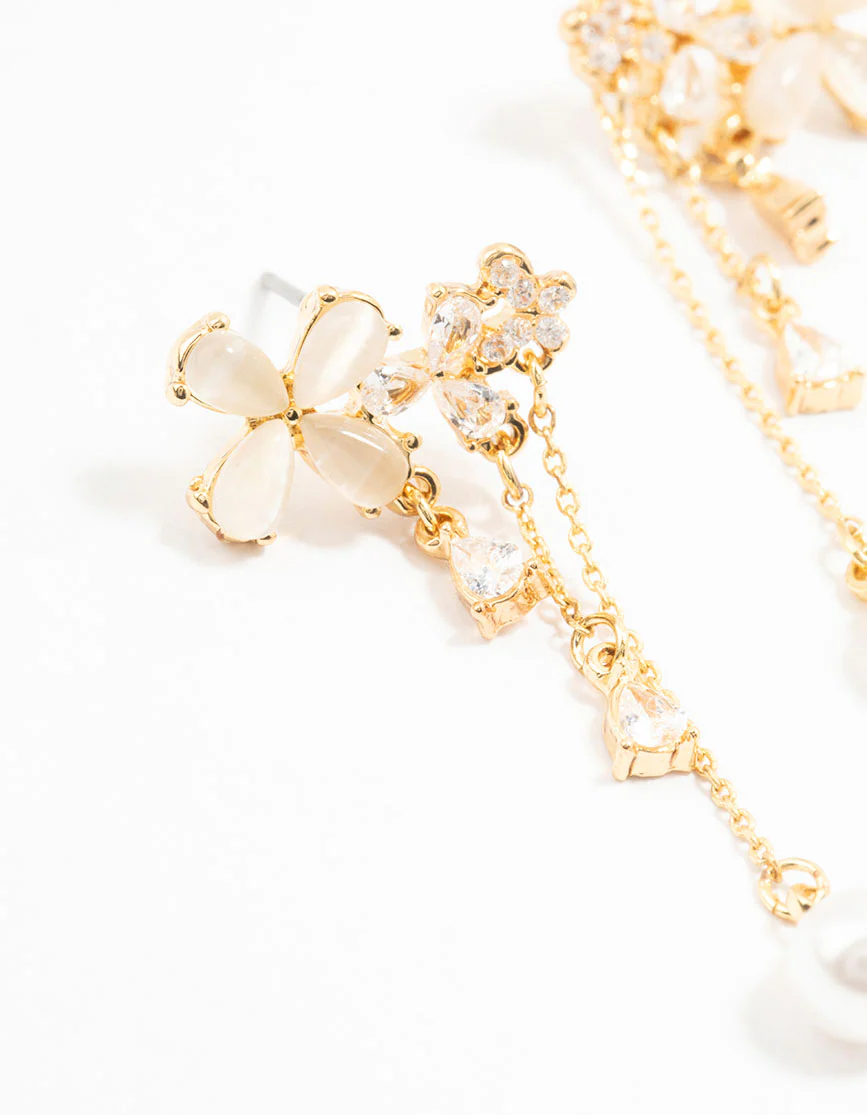 Gold Plated Flowers, Pearls & Pear Cubic Zirconia Drop Earrings - Image 2