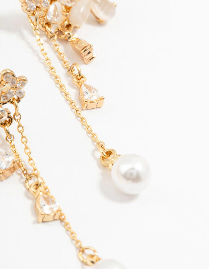Gold Plated Flowers, Pearls & Pear Cubic Zirconia Drop Earrings - Image 3