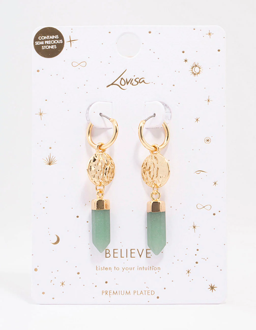Gold Plated Green Aventurine Coin Drop Earrings - Image 2