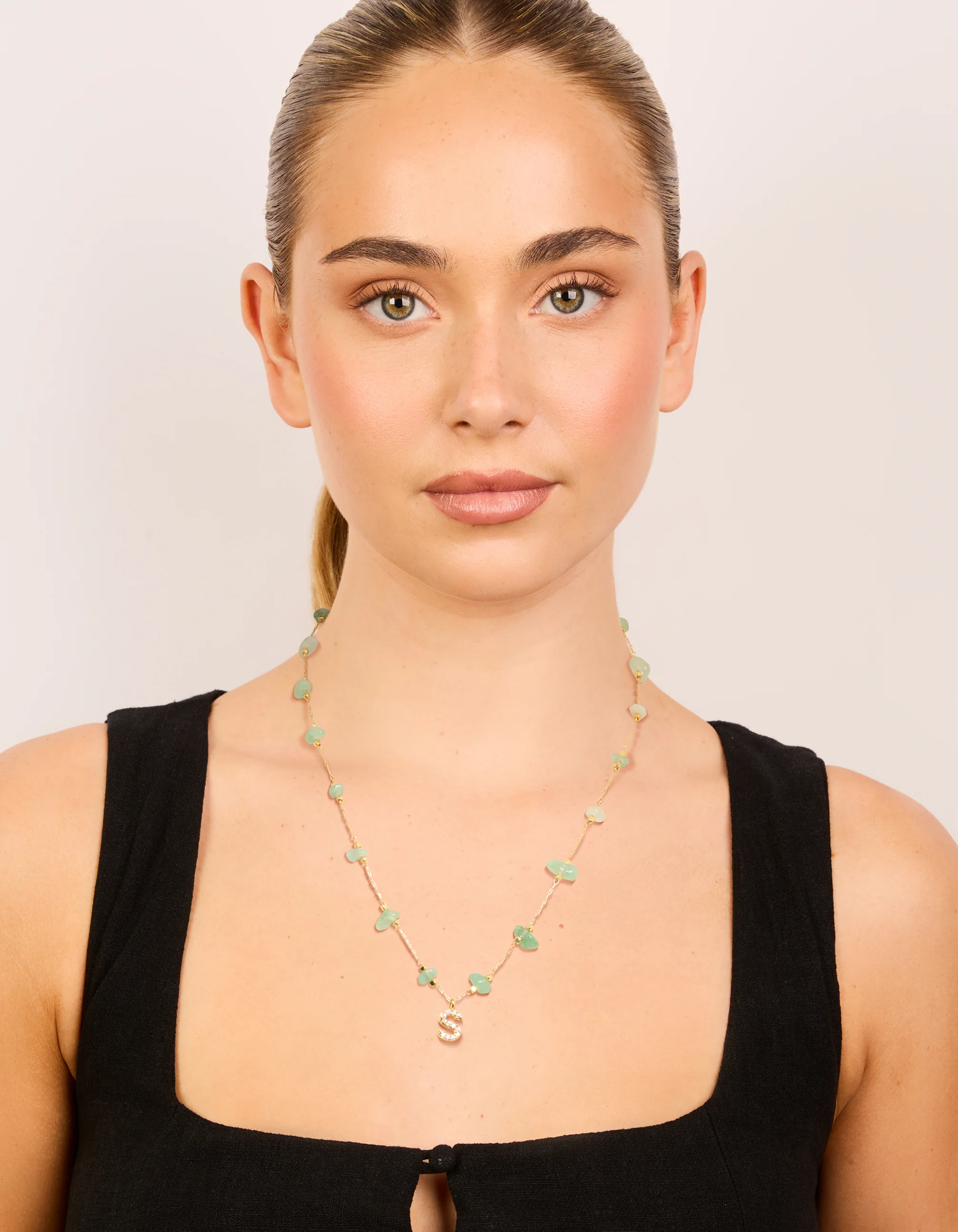Gold Plated Green Aventurine Semi Precious Stone Cubic Zirconia Letter S Necklace - Image 3