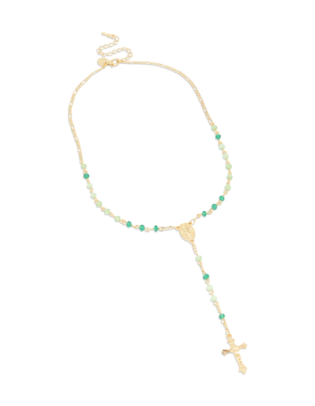 Gold Plated Green Beaded Lariat Cross Necklace - Image 2