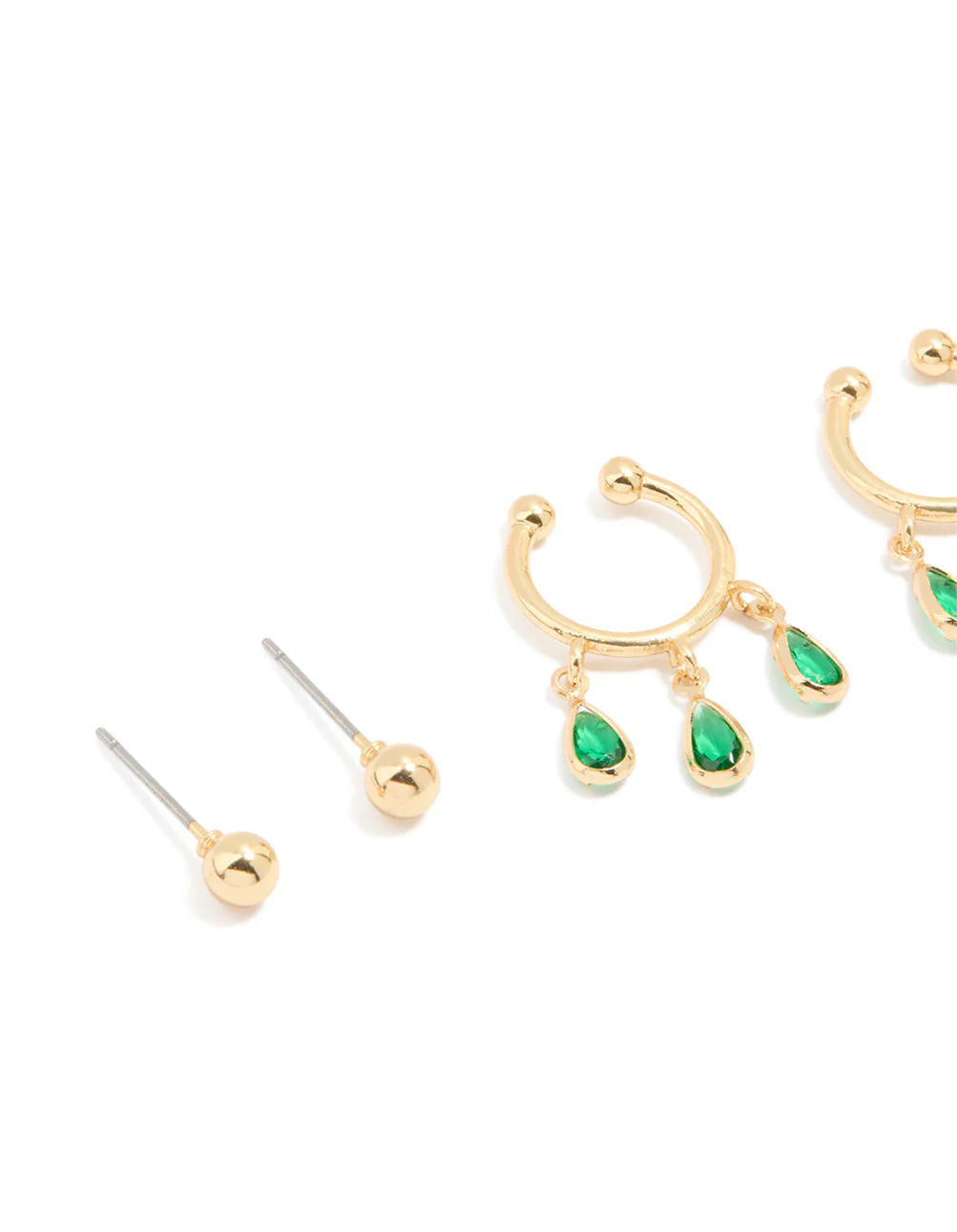 Gold Plated Green Cubic Zirconia Ear Cuff & Huggie Earrings 4-Pack - Image 2