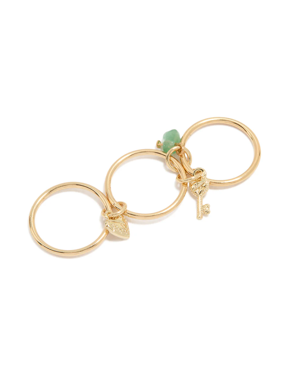 Gold Plated Green Semi Precious & Key Charm Rings 3-Pack - Image 2