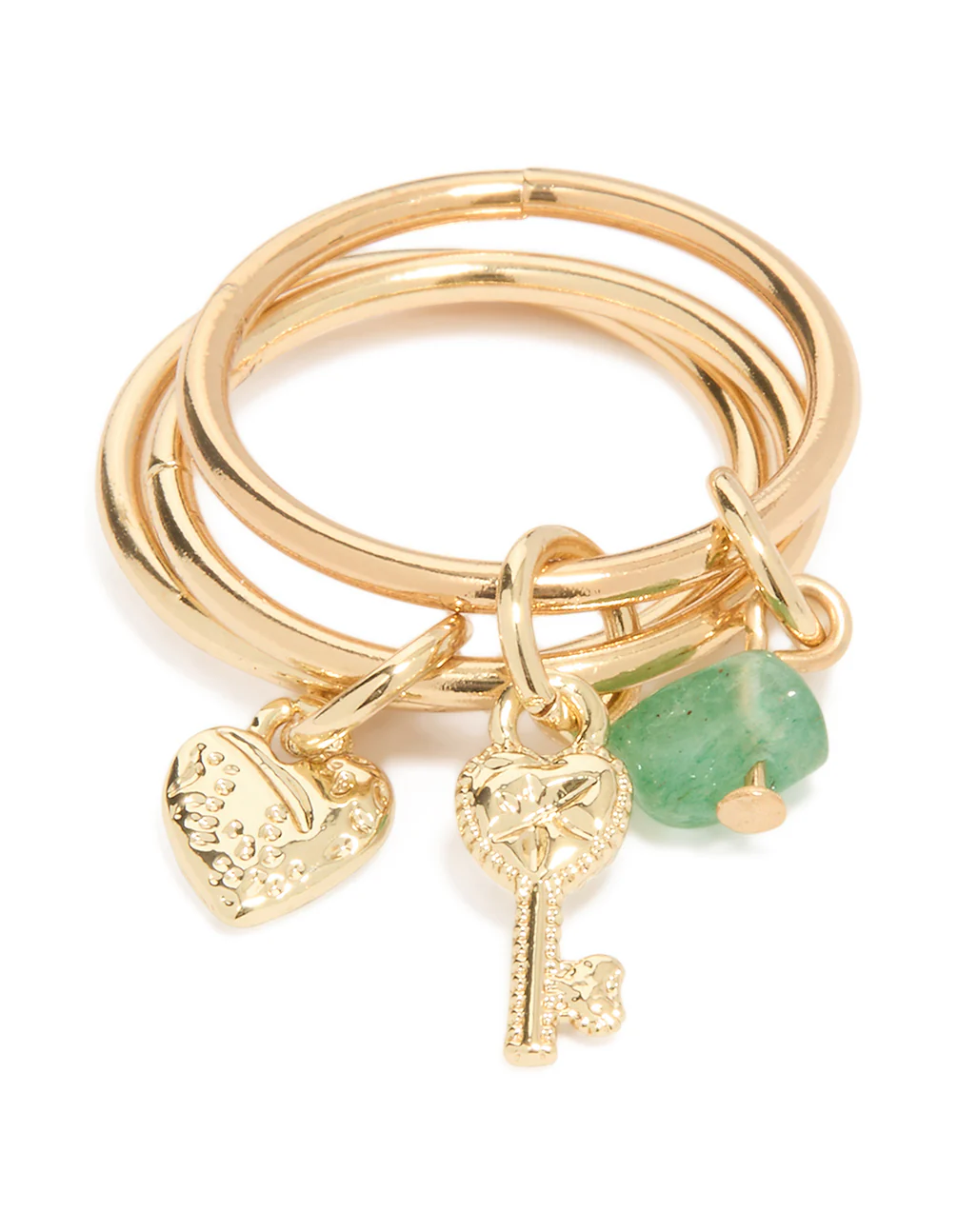 Gold Plated Green Semi Precious & Key Charm Rings 3-Pack - Image 3