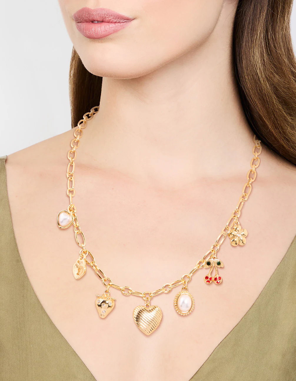 Gold Plated Heart & Cherry Charm Necklace - Image 2