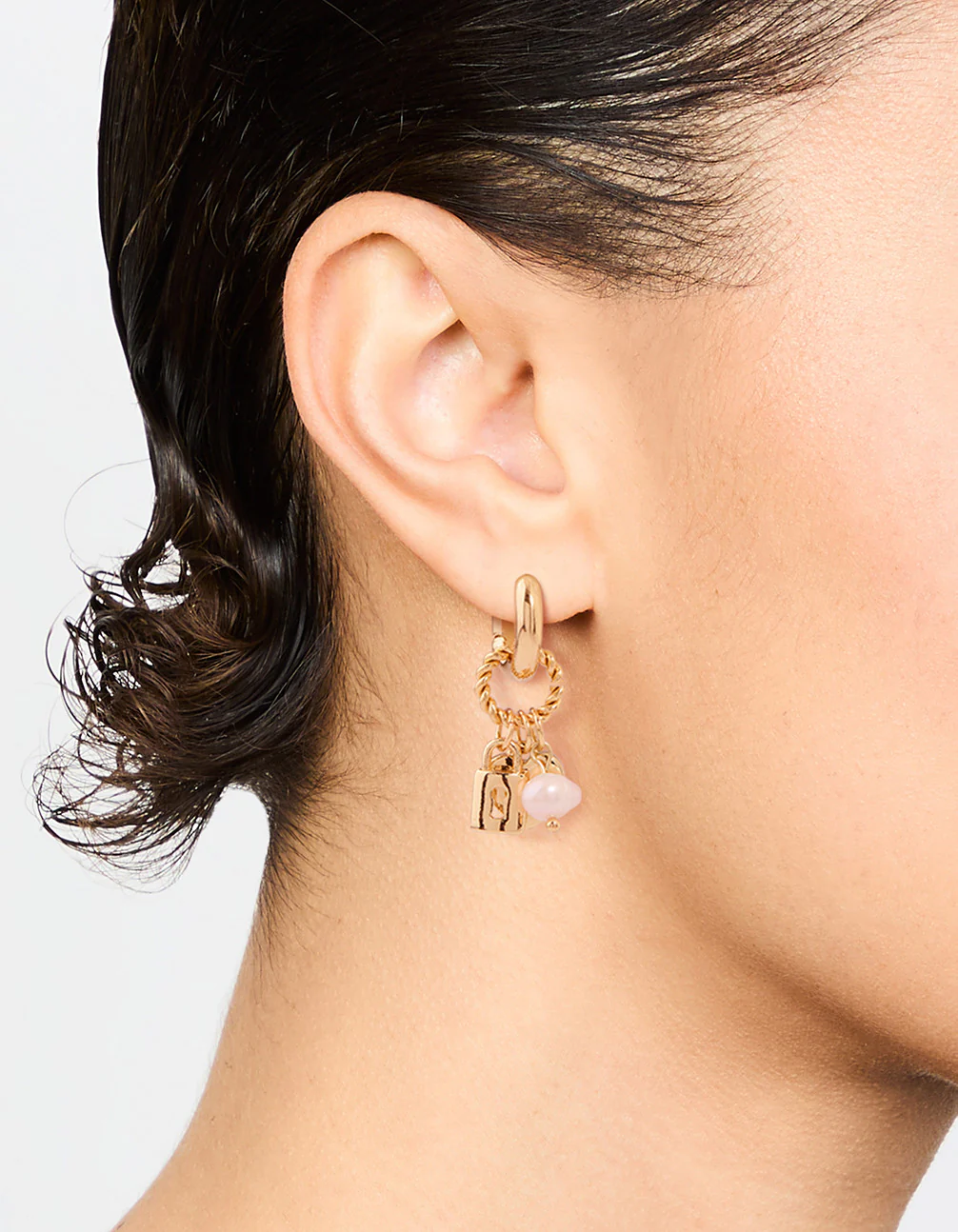Gold Plated Heart & Lock Drop Huggie Earrings - Image 2