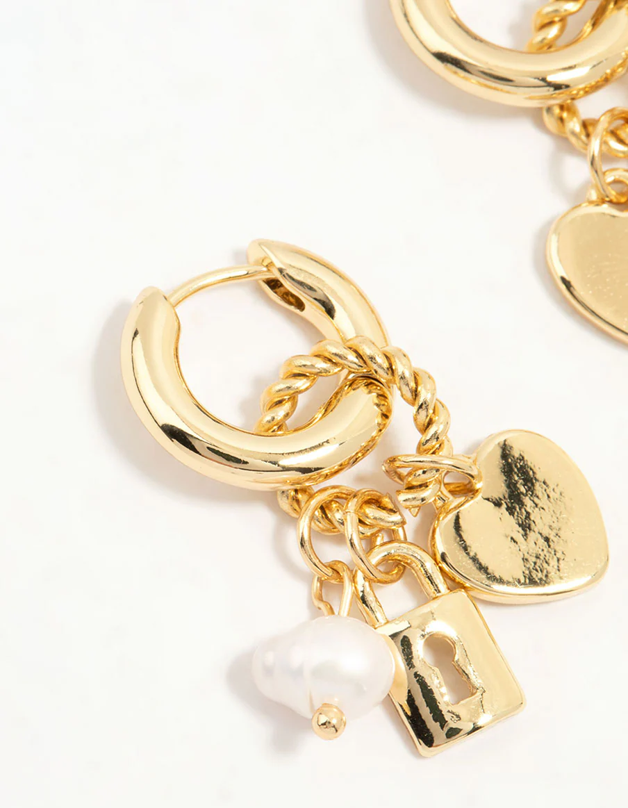Gold Plated Heart & Lock Drop Huggie Earrings - Image 4