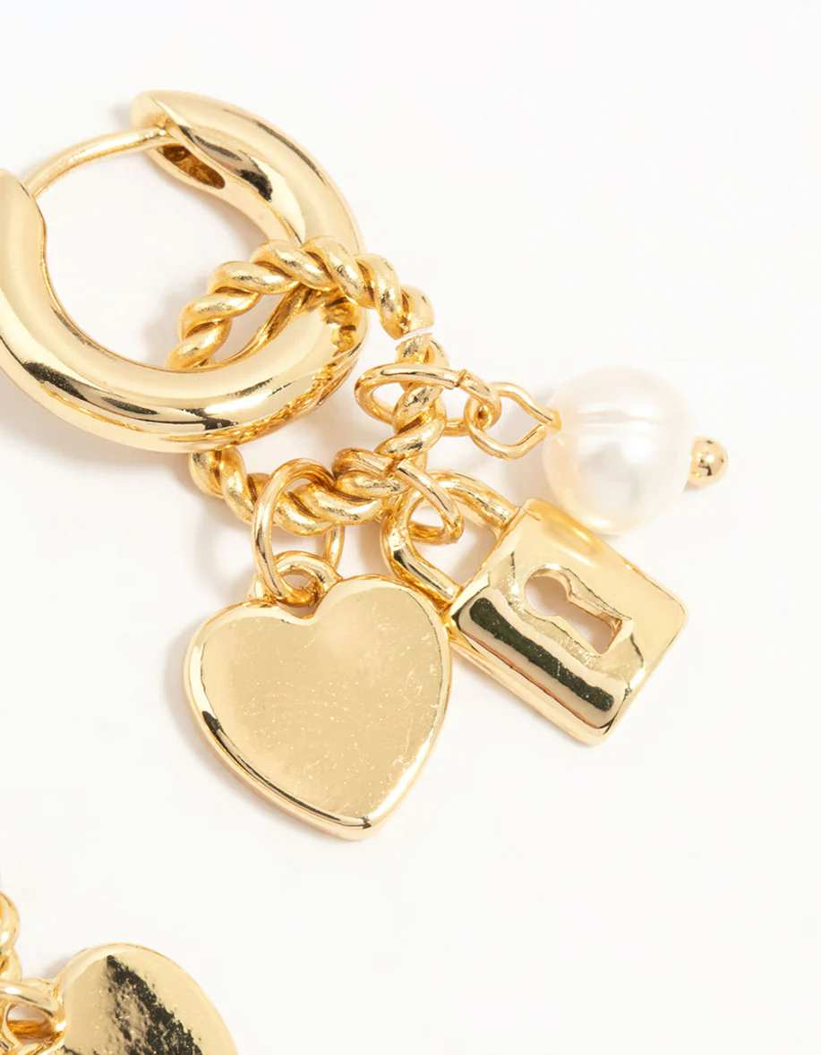 Gold Plated Heart & Lock Drop Huggie Earrings - Image 5