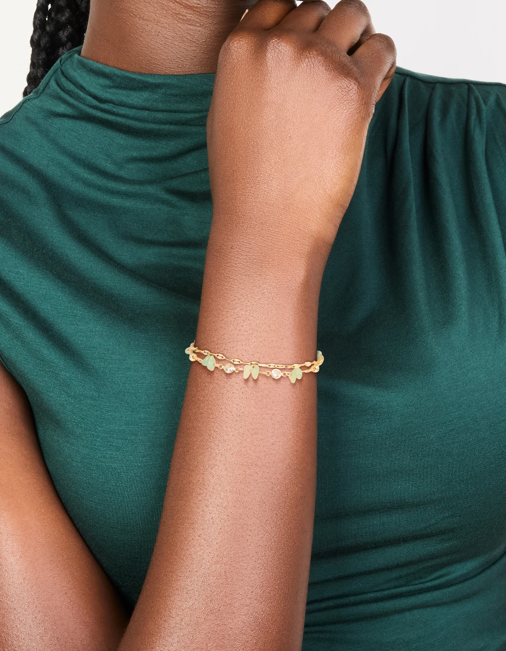 Gold Plated Jade Semi Precious Stone Chip & Cubic Zirconia Layered Bracelet - Image 2