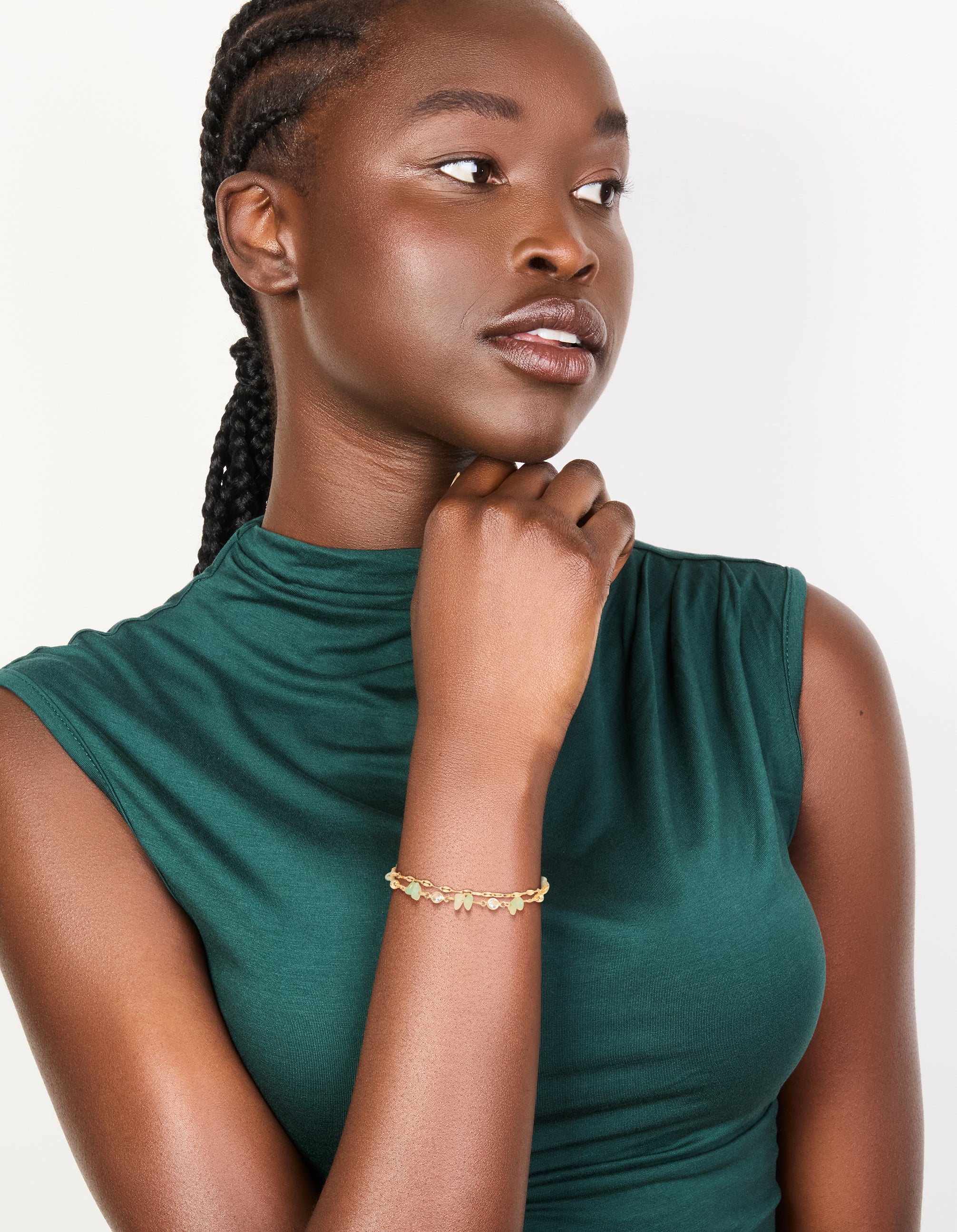 Gold Plated Jade Semi Precious Stone Chip & Cubic Zirconia Layered Bracelet - Image 3