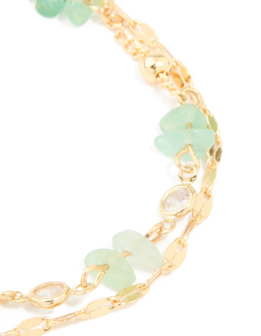 Gold Plated Jade Semi Precious Stone Chip & Cubic Zirconia Layered Bracelet - Image 4