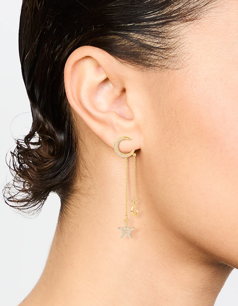 Gold Plated Moon & Star Drop Earrings - Image 2