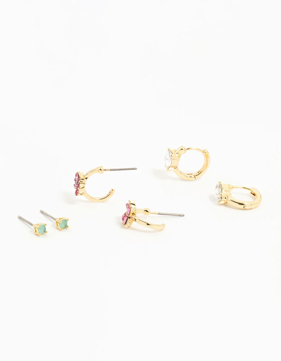 Gold Plated Multicoloured Cubic Zirconia Bow & Heart Earrings 3-Pack