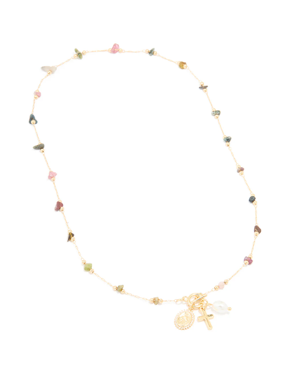 Gold Plated Multicoloured Semi Precious Stone Freshwater Pearl Cross Charm Necklace - Image 4
